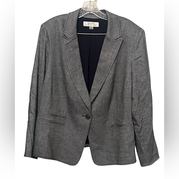 Tahari navy linen blend one button blazer - Picture 1 of 7